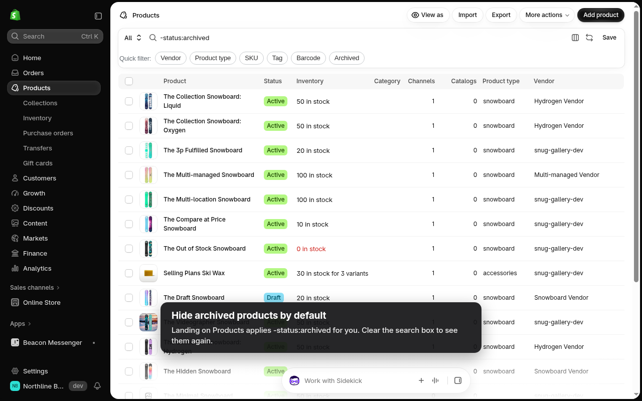 Shopify product list with archived products hidden and Vendor and Product type columns visible