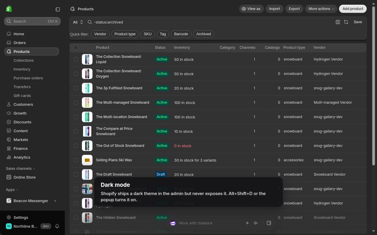 Shopify admin product list in dark mode with quick filter chips added by Shopify Admin Power-Up