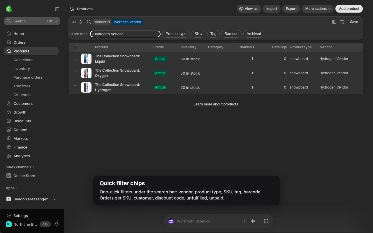 Quick filter chips under the Shopify admin search bar