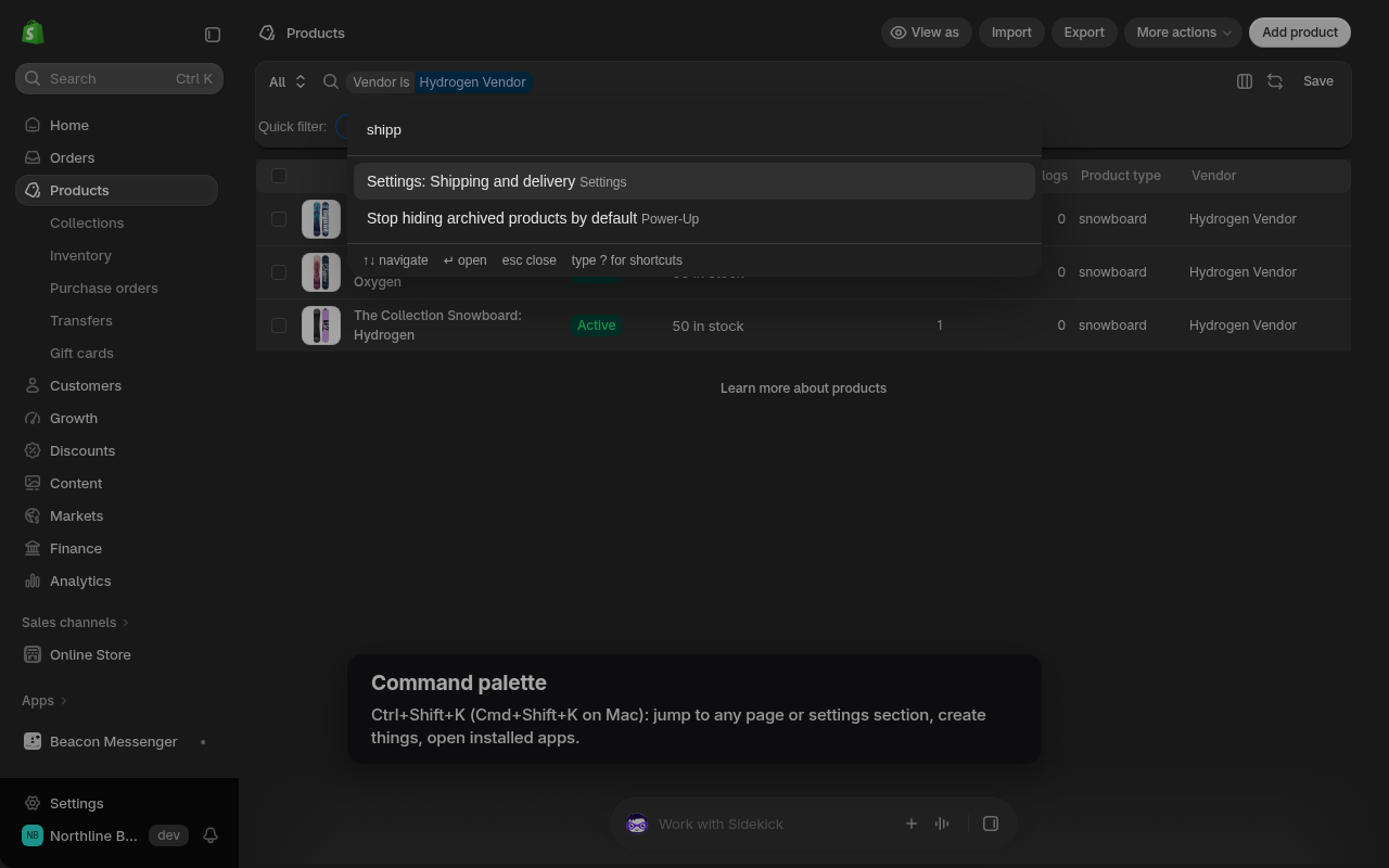 Command palette open over the Shopify admin