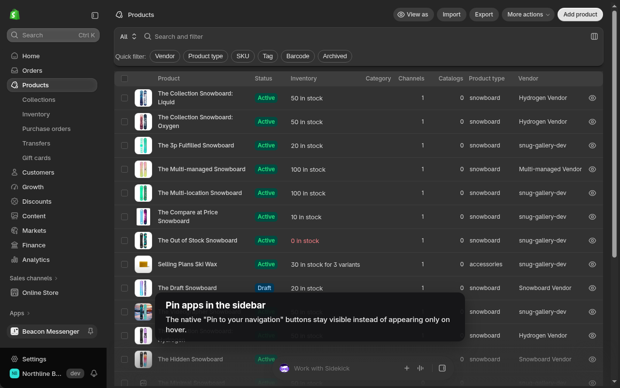 Shopify admin sidebar with app pin buttons visible