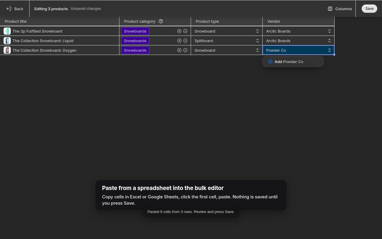 Shopify bulk editor after pasting three rows from a spreadsheet